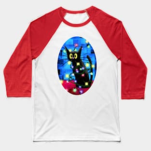 Cat and Christmas Tree Lights Baseball T-Shirt